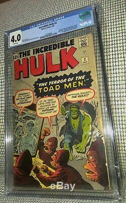 CGC 4.0 Incredible Hulk #2 White pages 1st Appearance Green Hulk & Toad Men 1962
